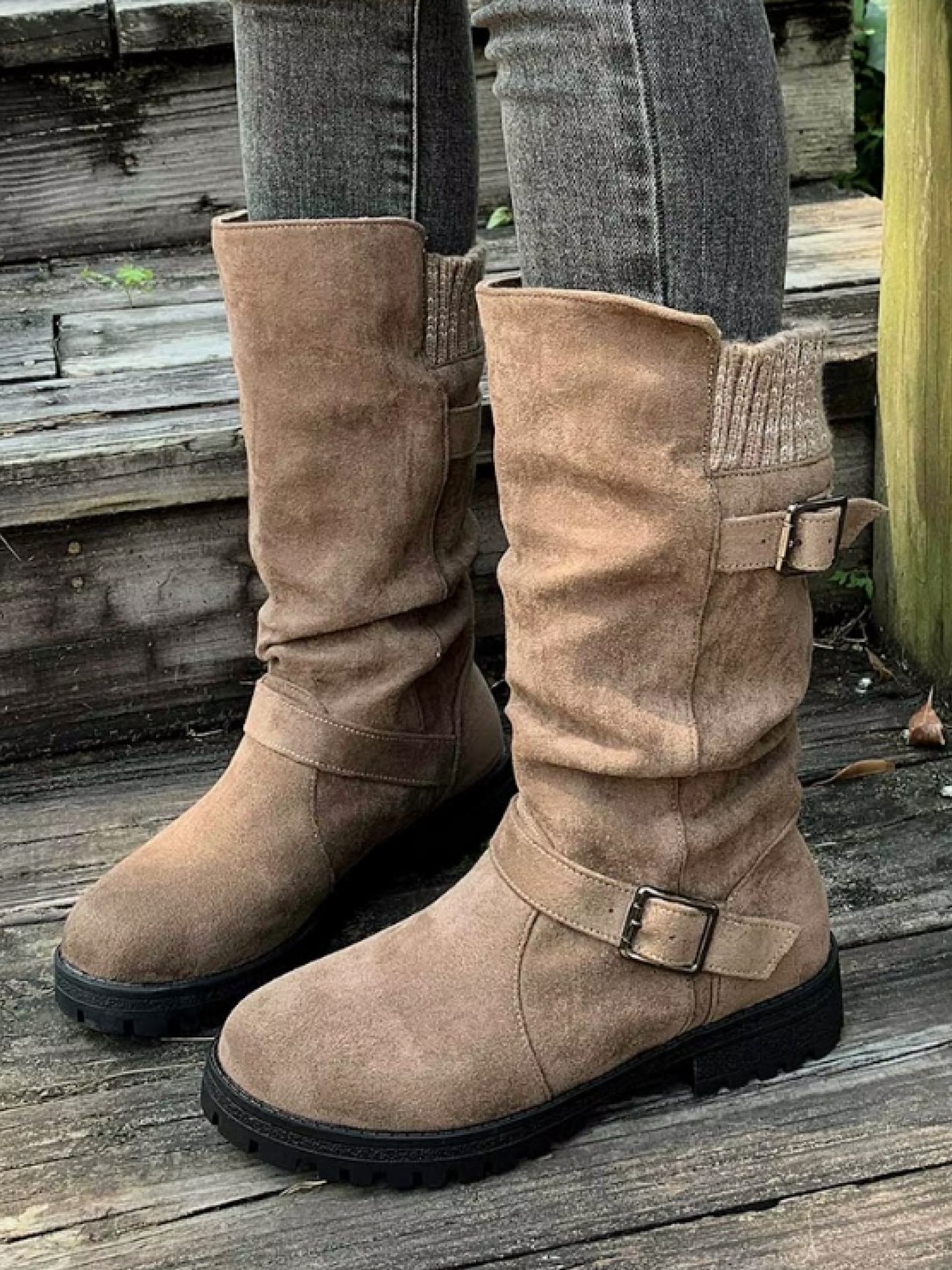 Bottes Mi-Mollet Revers Tricot Boucles