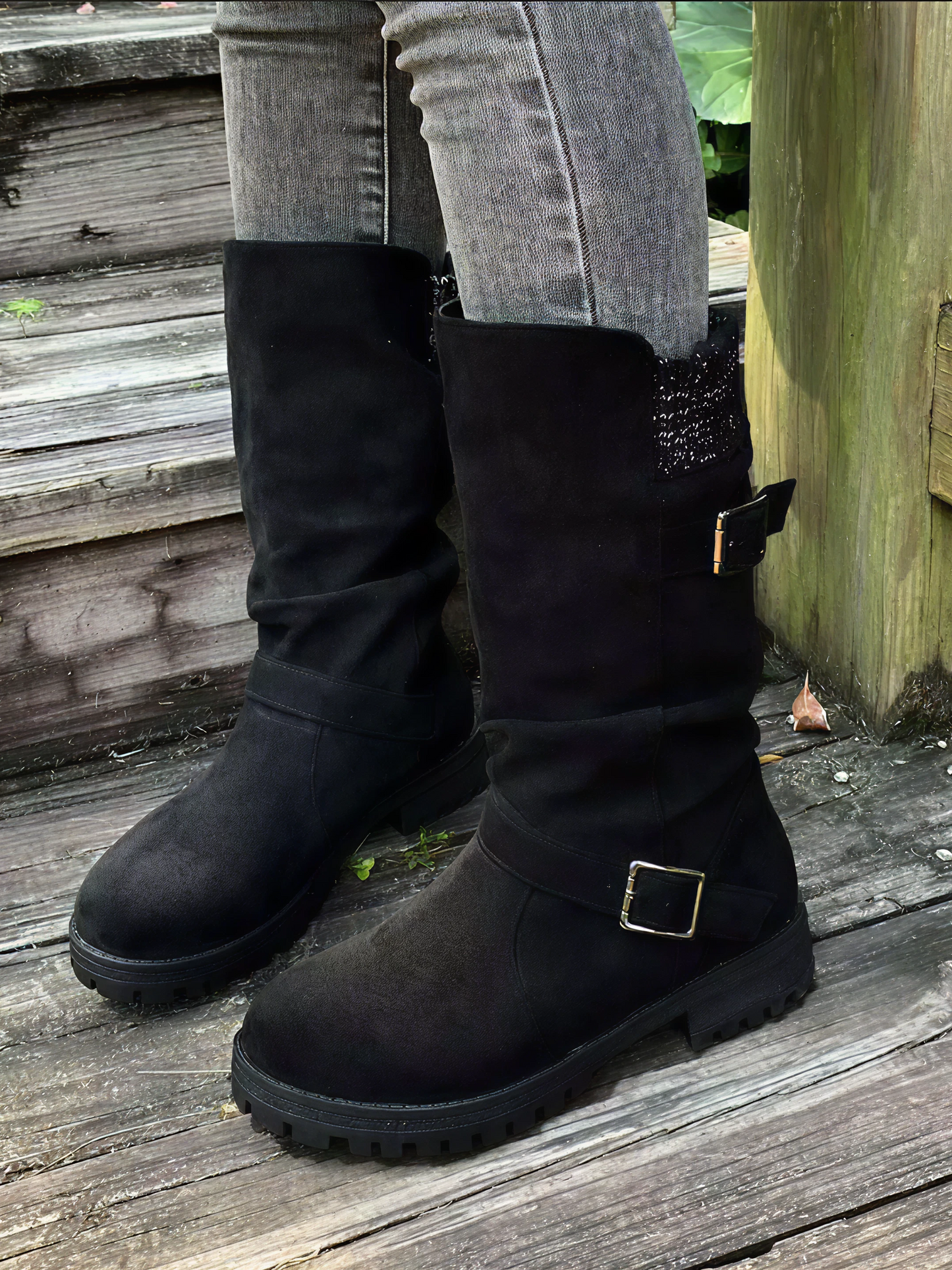 Bottes Mi-Mollet Revers Tricot Boucles