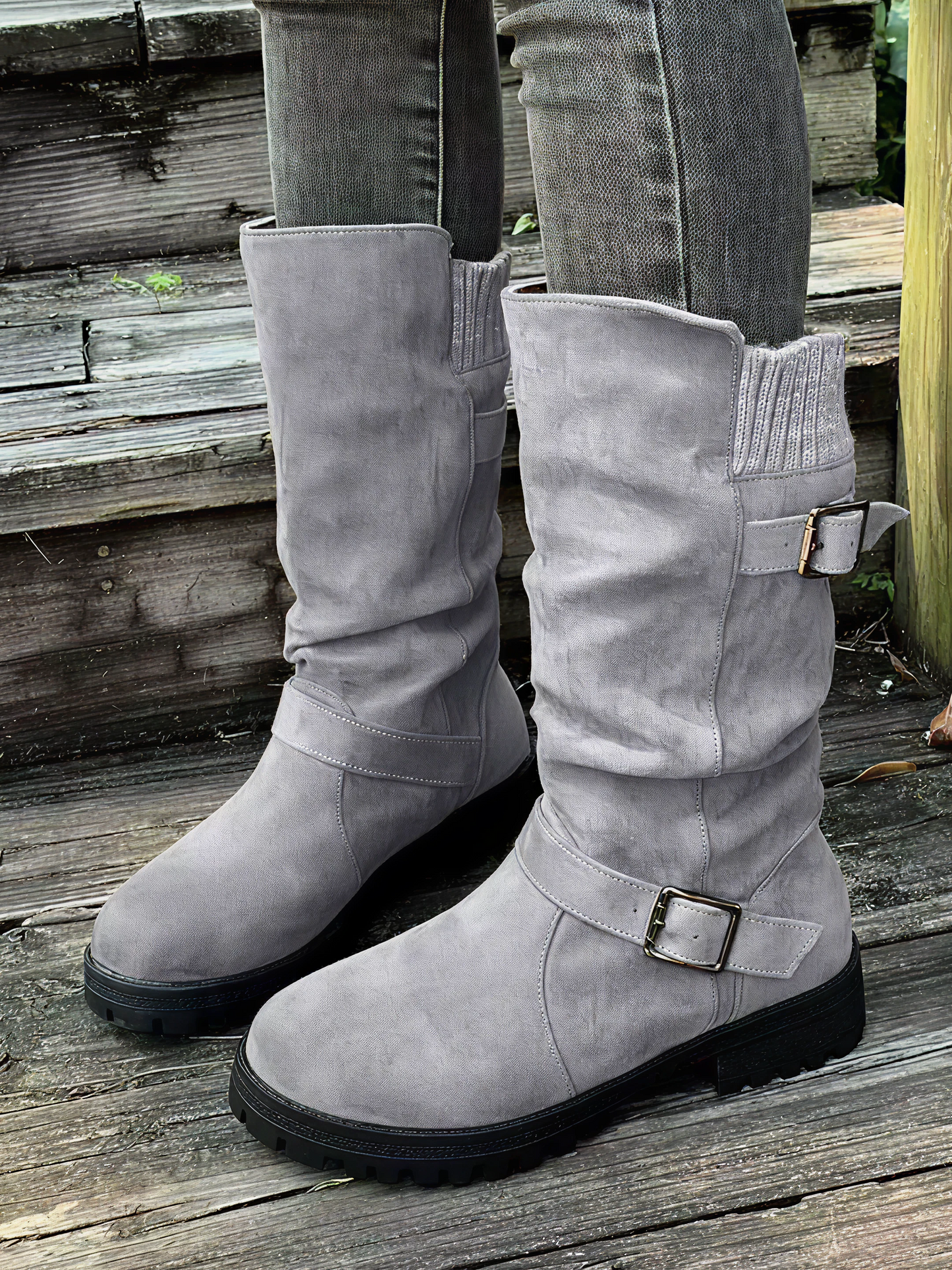 Bottes Mi-Mollet Revers Tricot Boucles