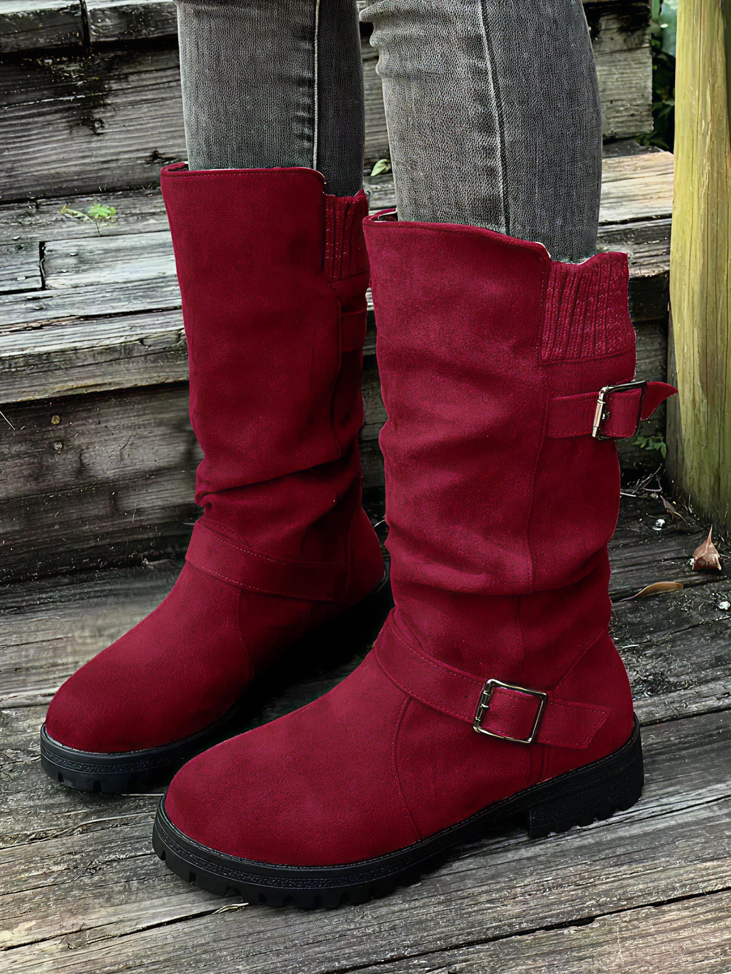 Bottes Mi-Mollet Revers Tricot Boucles