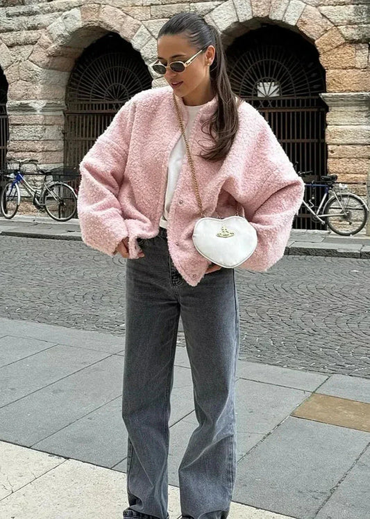 Veste Teddy Hiver Femme – Matière Bouclée – Col Montant